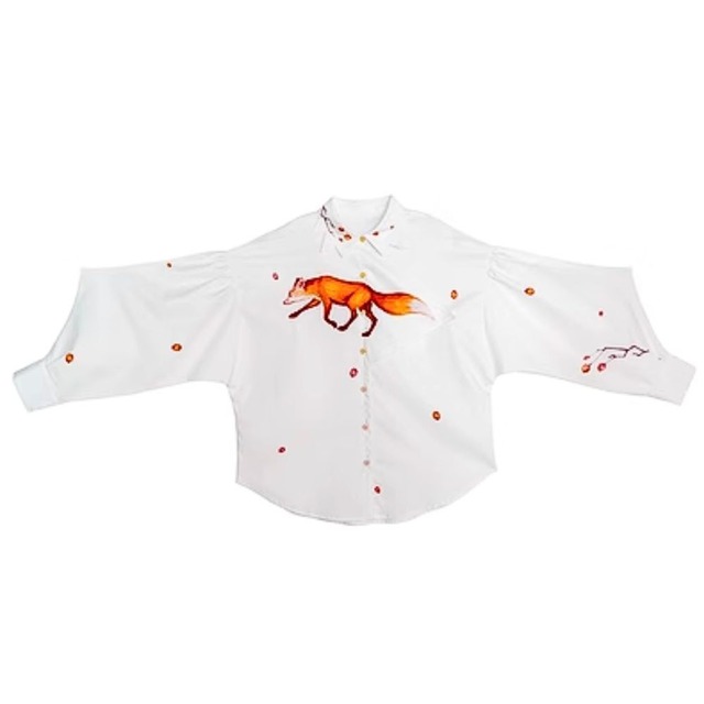 シャツによぎる紅葉とキツネ 変形襟とバルーン袖　E00012