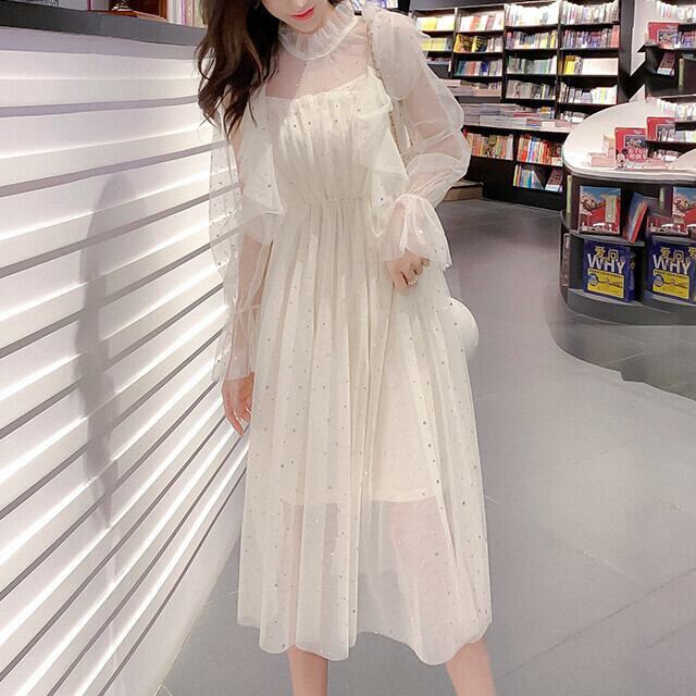 フリル付き & シースルー袖 ホワイトワンピース★可愛い お洒落 2color レディース フリルシフォンワンピース水着 シアーレース