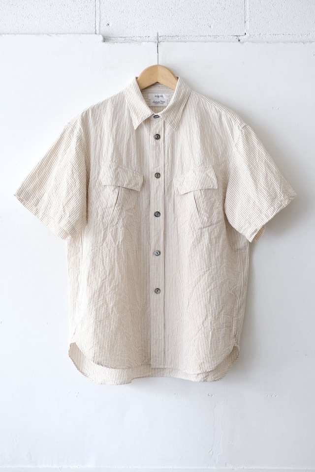 FUJITO S/S Fatigue Shirt　Beige Stripe,Dark Navy