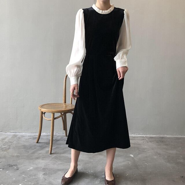 ワンピース レディース オケージョン 長袖 ひざ下丈 異素材ミックス レース シースルー ブラウス ベロア おしゃれ 卒業式 入学式 お呼ばれ ブラック M/L