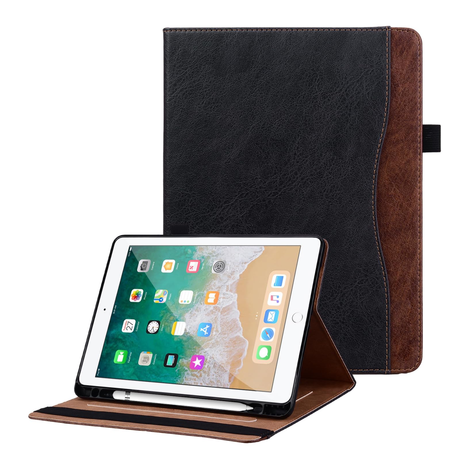 iPad 9.7 ケース 2018/2017 iPad Air2 ケース iPad Air ケース TOO&SOO iPad 第6世代 / 第5世代 ケース スタンディング機能 オートスリープ機 Pencilホルダー付き ビジネススタイル 柔らかいTPU 超軽量 ipad pro 9.7インチ ケース 耐衝撃 カードスロットと現金収納機能 防塵 - 黒