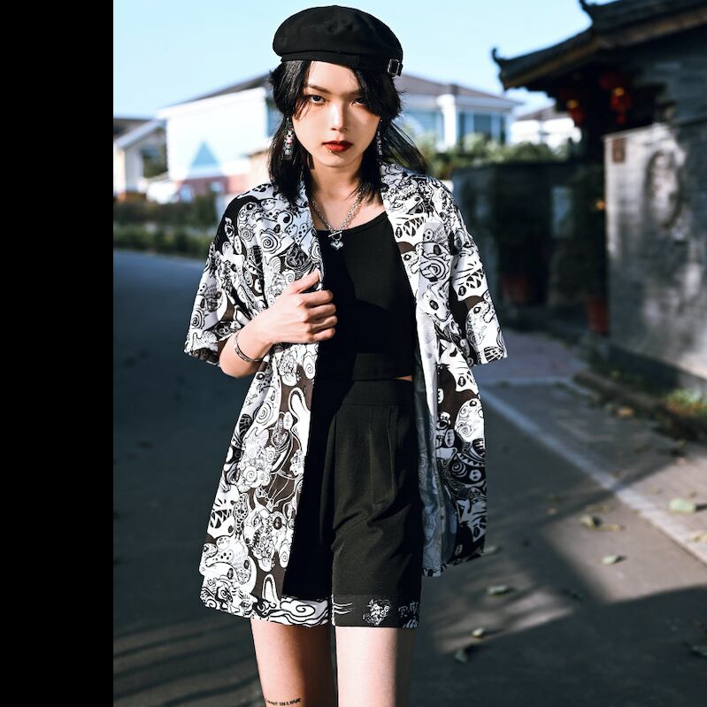 古怪舍シリーズ チャイナ風シャツ トップス 半袖 夏 春 プリント ブラック 黒い M L Xl オリジナル レトロ ファッション Elegant