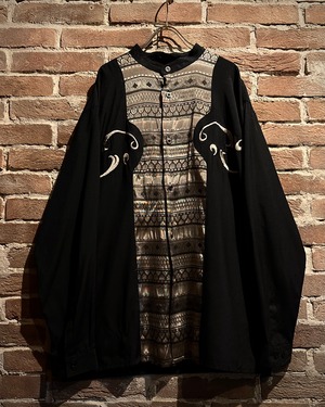 【Caka act3】Jacquard Switching Vintage Loose L/S Band Collar Shirt
