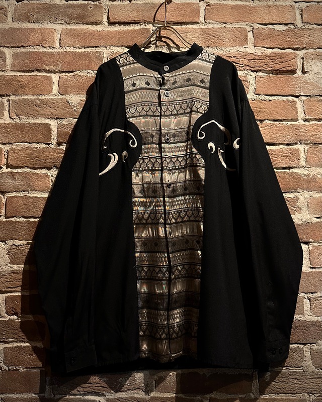 【Caka act3】Jacquard Switching Vintage Loose L/S Band Collar Shirt