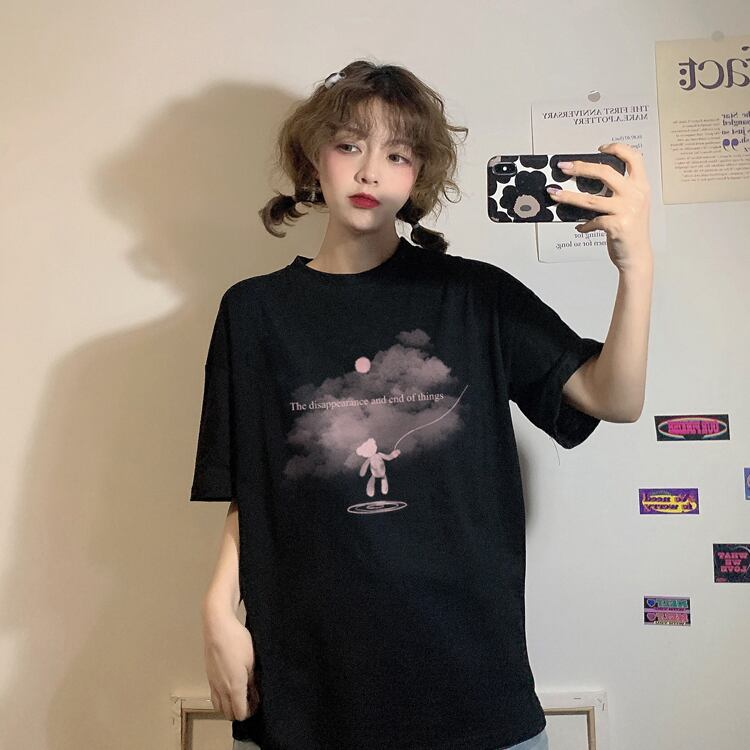 ブラックシャツ スプリングトップス プリント柄Tシャツ レディース 春物 YY-ファッション35562818021