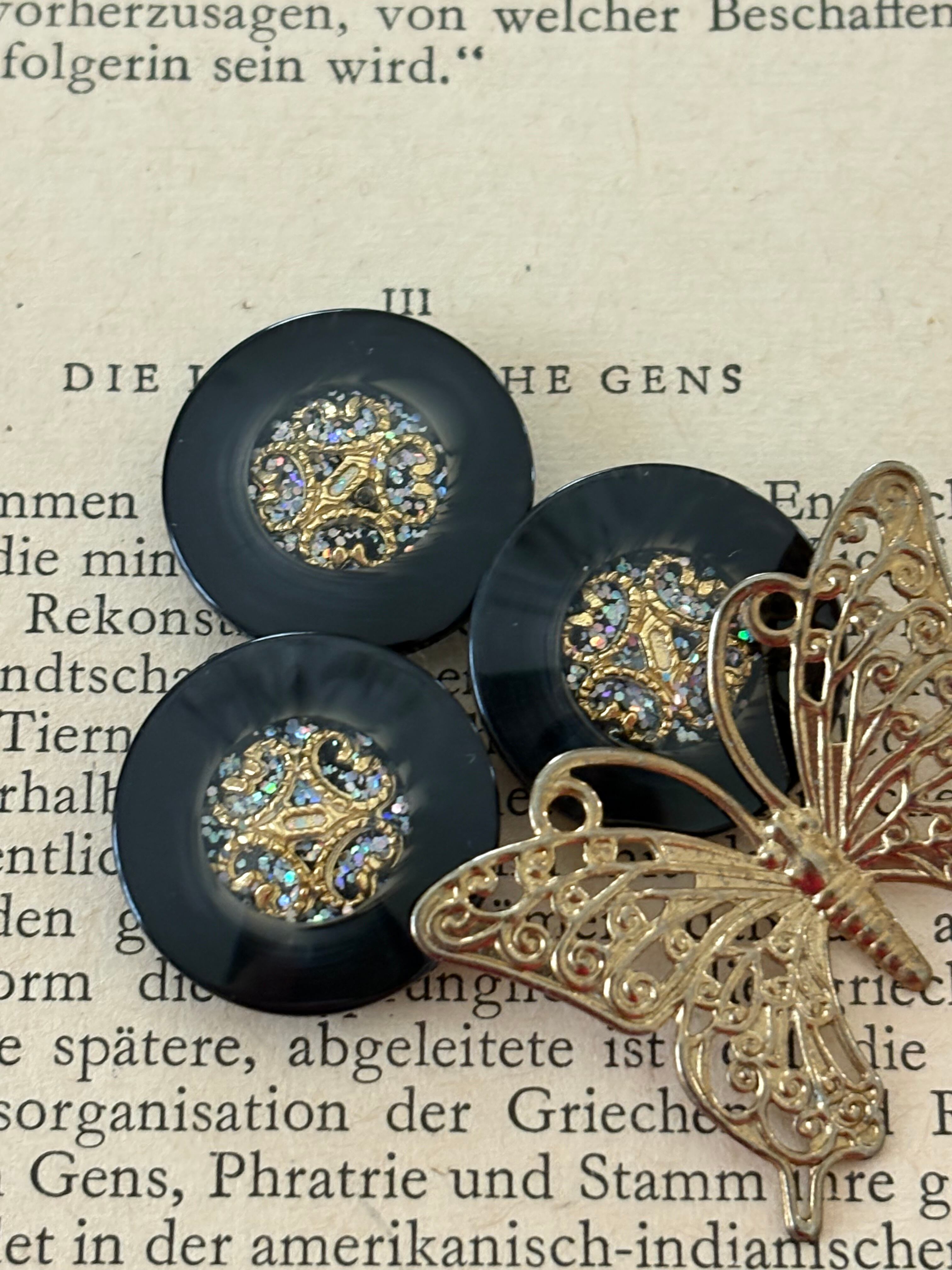 20mm Japanese Vintage ボタン ブラック×ゴールド グリッター 樹脂ボタン レトロ アクセサリーパーツ 装飾材 カルトナージュ