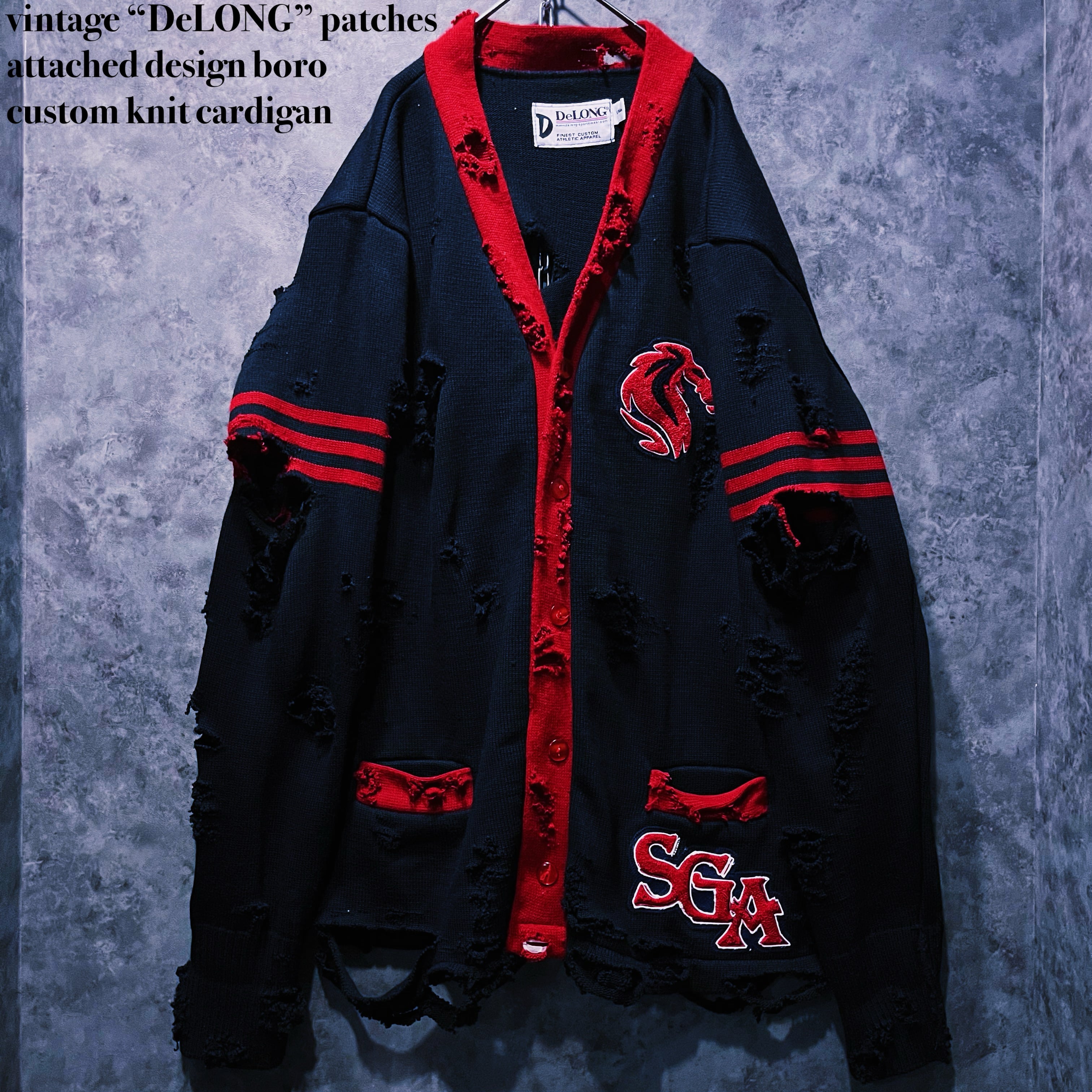 【doppio】vintage “DeLONG” patches attached design boro custom knit cardigan