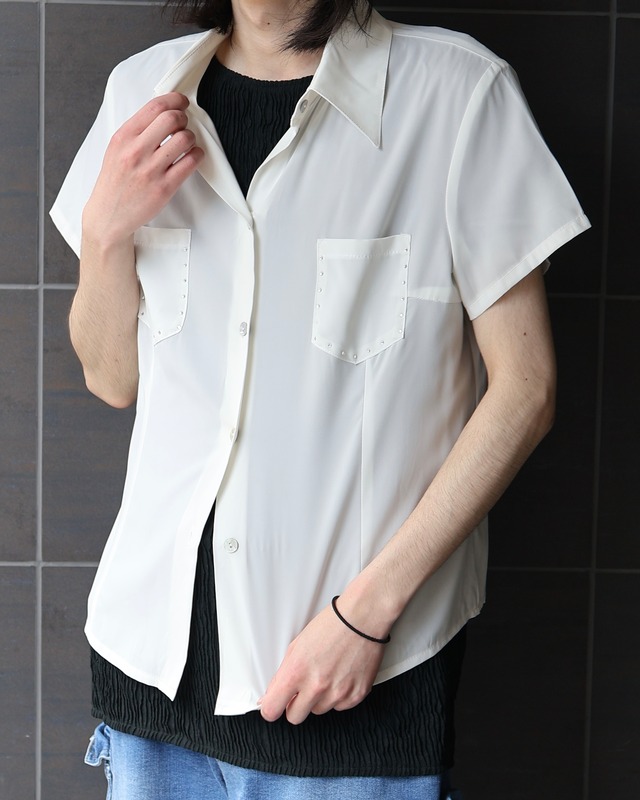 Rhinestone design sheer short sleeve shirt