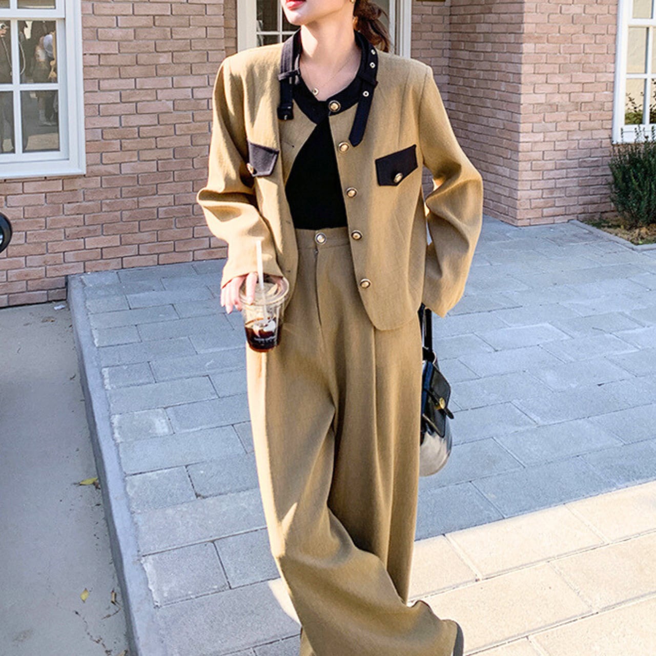 Two-tone design jacket and pants set S1630