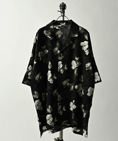 VOLUNTAS Floral pattern BIG silhouette open collar shirt (BLK) 436002