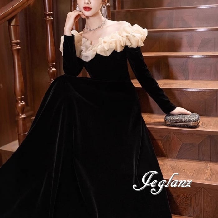 2色 パーティ イブニングドレス ベルベット調 背中 編み上げ ♪(M8868)ζ