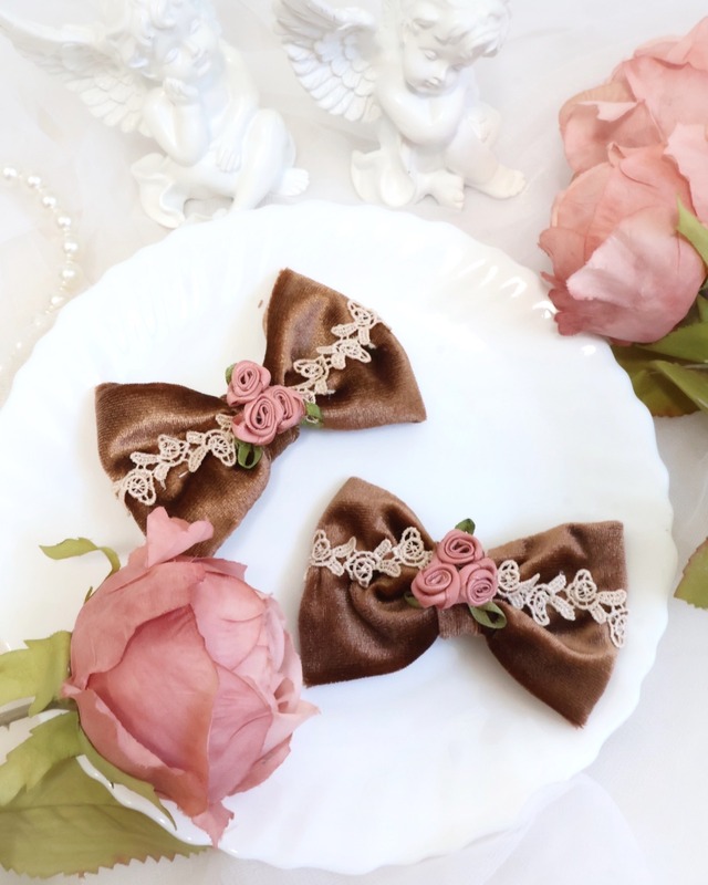 手染めレースリボンバレッタ(小)【ブラウン】