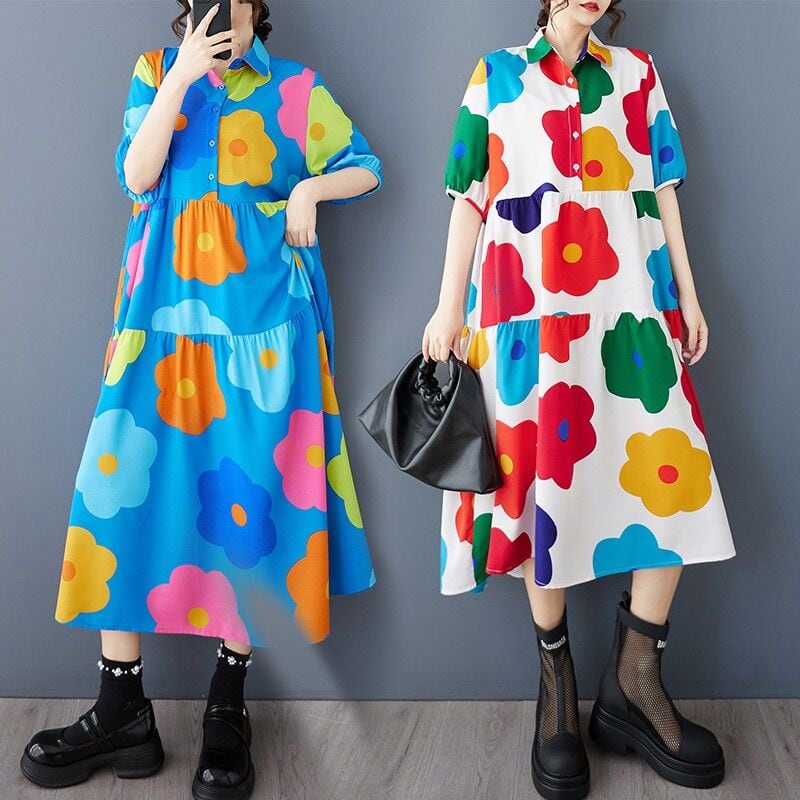 PRINT COLLAR RELAXED MIDI DRESS M-17865