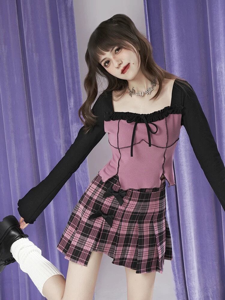 トップス Tシャツ カジュアル ブラウス 黒 ピンク 紫 リボン スカート