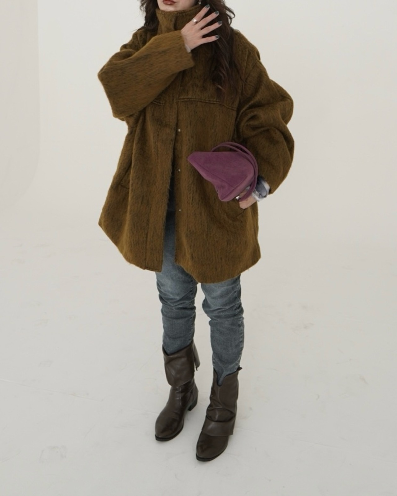 Shaggy Stand-Collar Coat / Brown Mix