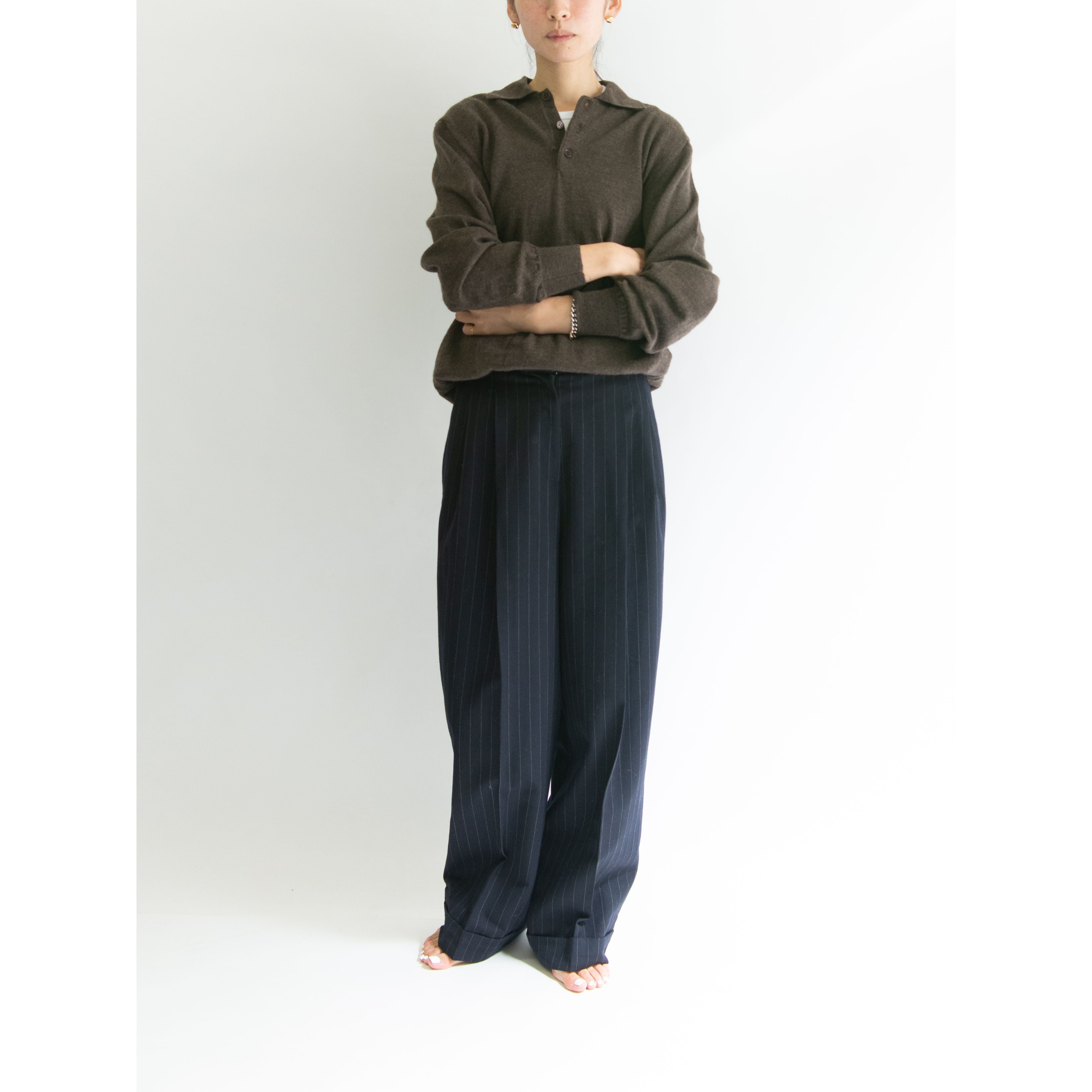 IRENE VAN RYB】Made in France striped 2tuck wool wide pants ...