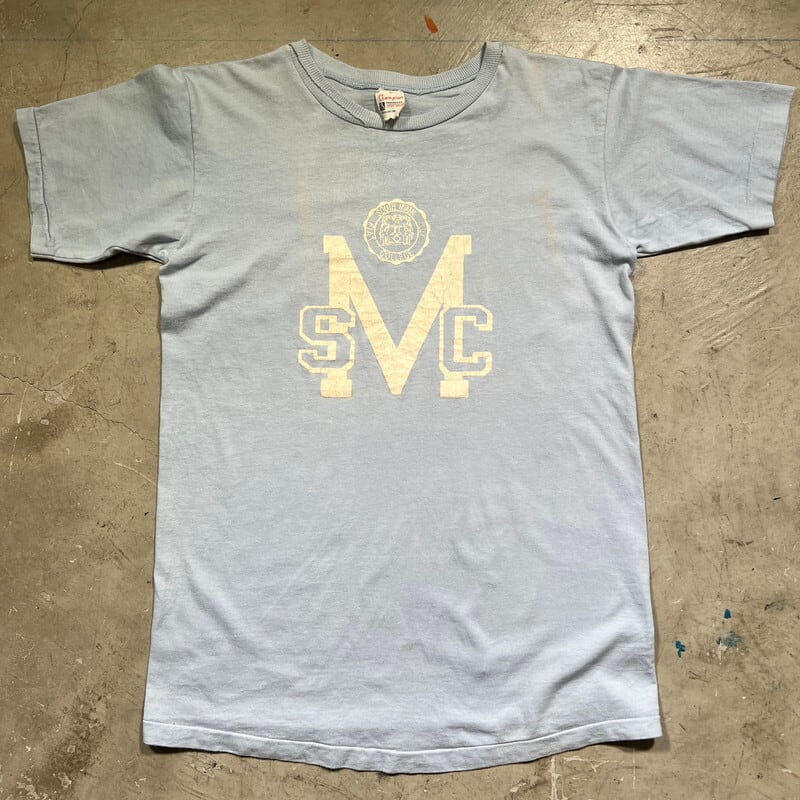 50's~ Champion チャンピオン フロッキープリントカレッジTee ランタグ SOUTH MIAMI COLLEGE サックスブルー MEDIUM USA製 希少 ヴィンテージ BA-1944 RM2363H