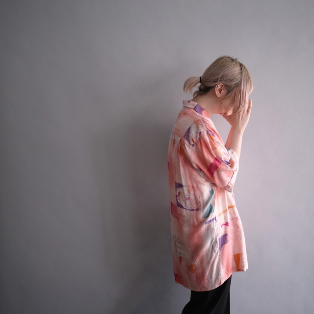 flamingo pink flower and geometry pattern loose h/s shirt