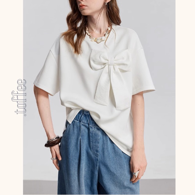 【2color】ビッグリボンクルーネック半袖Tシャツ《Z00933》