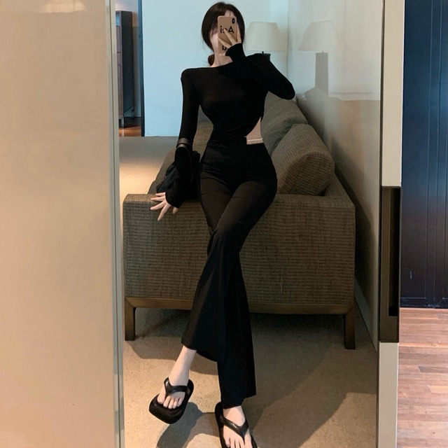 ショートウェストTシャツ オータムハイウェストチェーン カジュアルレディース ロング 秋物 ガールズファッション93455049134