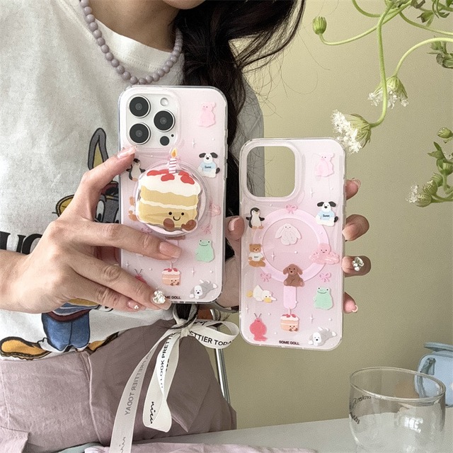 【MagSafe対応】かわいいマスコットたち◎ケーキさん ピンク グラデーション 韓国ケース マグネット スマホグリップ アニマル スマホケース ND-15854
