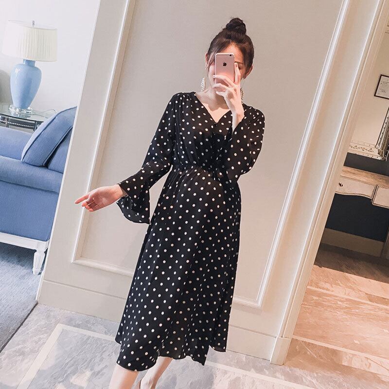 【新作】【送料無料】 950＃黒水玉プリントシフォンマタニティドレス2020秋の服妊娠中の女性OL妊娠中のパーティードレス ブラック オータム 秋物 AL expec339233086211