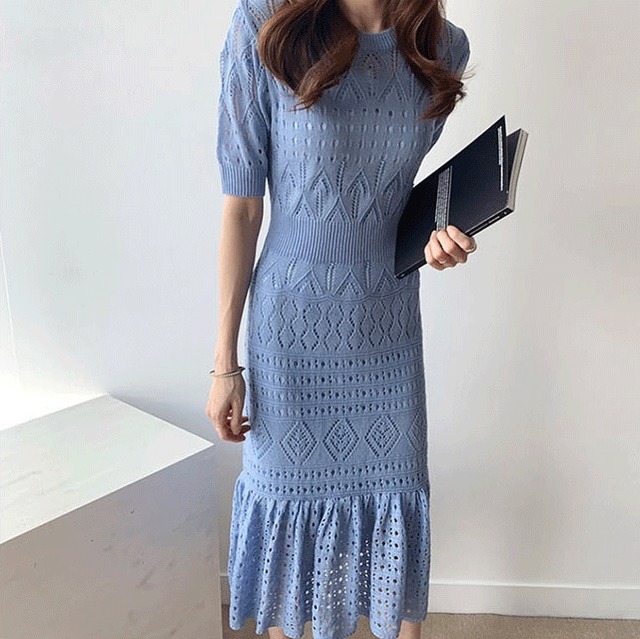 送料無料 4色 透かし編みニット ワンピース インナー付き インナーセット ペチコート ツーピース 2点セット セットアイテム 半袖ワンピース サマーニット クロシェニット マーメイドワンピース 薄手 ミモレ丈ワンピース 裾フリル マーメイドシルエット マーメイド