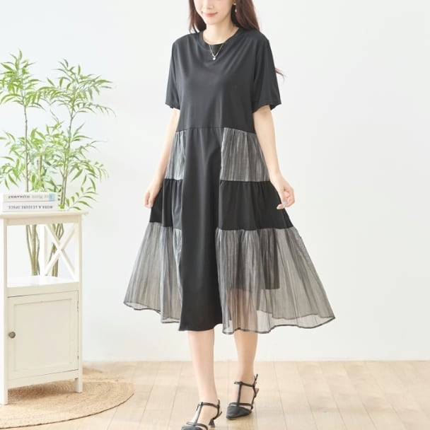ティアードワンピース 異素材 シアーパネル フレア ロング N82-762 ブラック TRUBE ミセス M L fmsd きれいめ 上品 ミセス 春夏 婦人服 洋服 レディース 大人可愛い