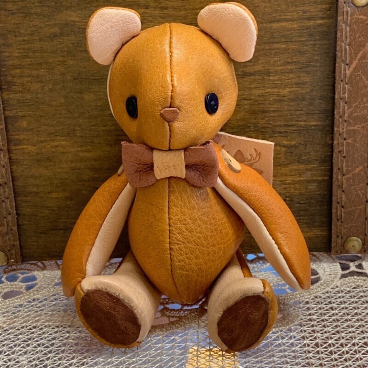 ジビエレザー鹿革ベルベア★端革を使ってアップサイクル「ベルズベア」写真の1点販売です　ナチュラル×キャメル