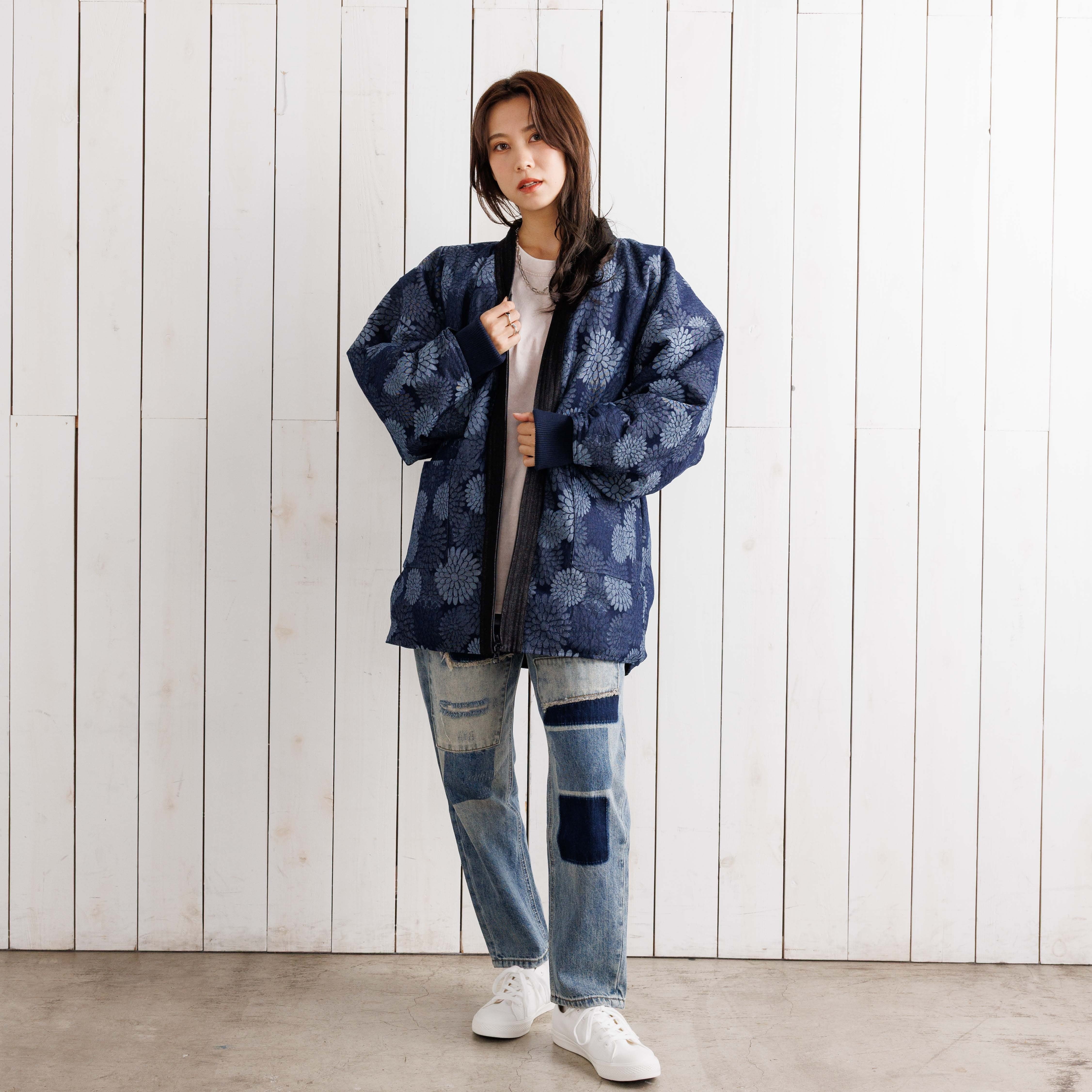寒風寒波上等デニム半纏（ハンテン）菊柄NAVY ジャガード | Godisru