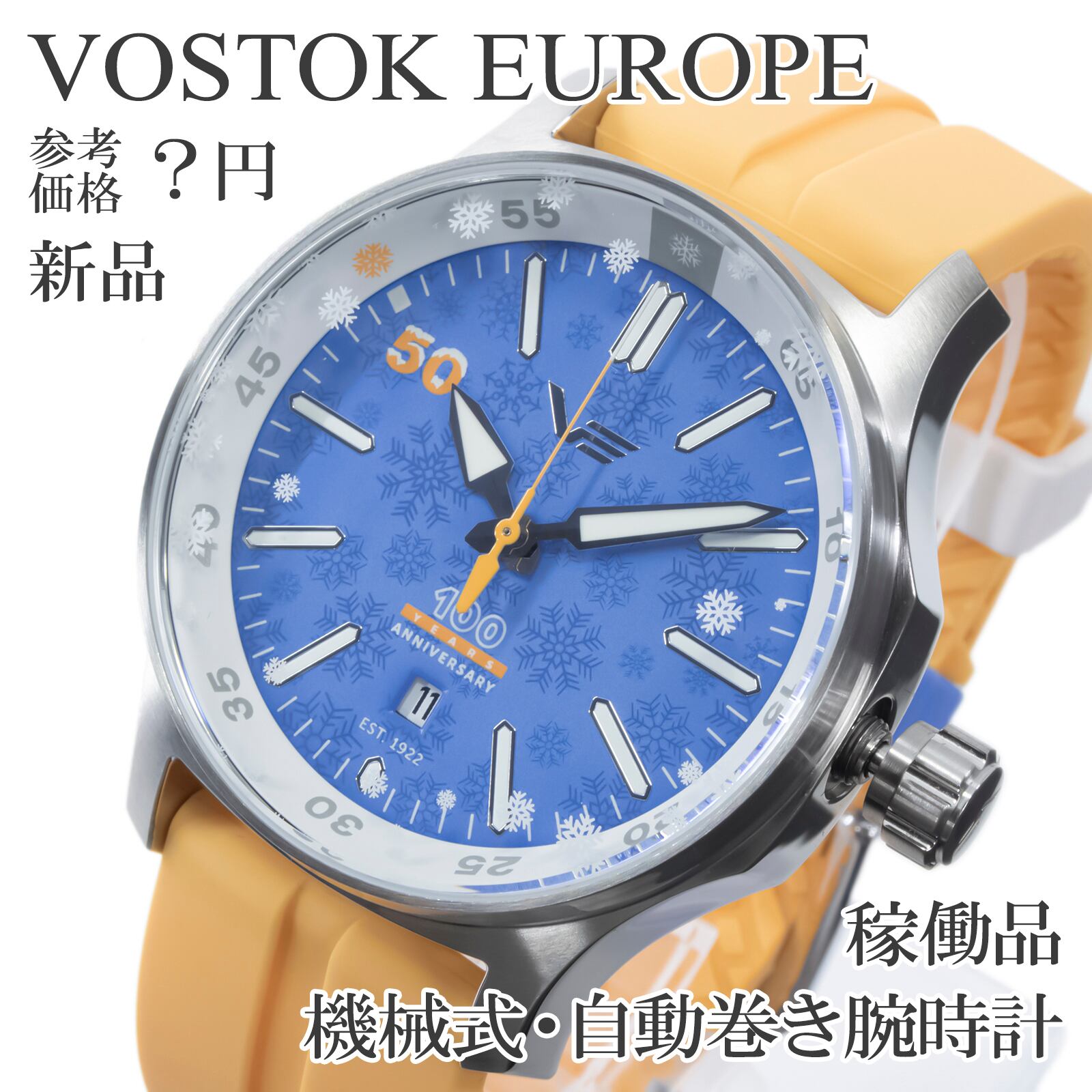 稼働品 新品 送料無料 ボストークヨーロッパ 腕時計 機械式 自動巻き メンズ 五十嵐冷蔵庫創立100周年記念 水色 裏スケ 雪結晶 レア X733
