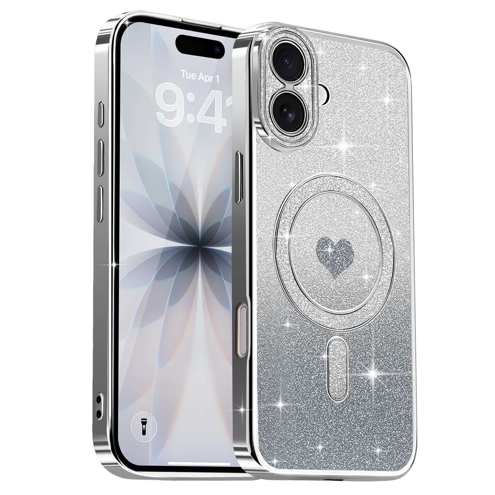 Lafunda iPhone 17 用 ケース Magsafe対応 キラキラ ラメ&透明 軽薄型 衝撃吸収 ハート柄 カメラ保護【シルバー】