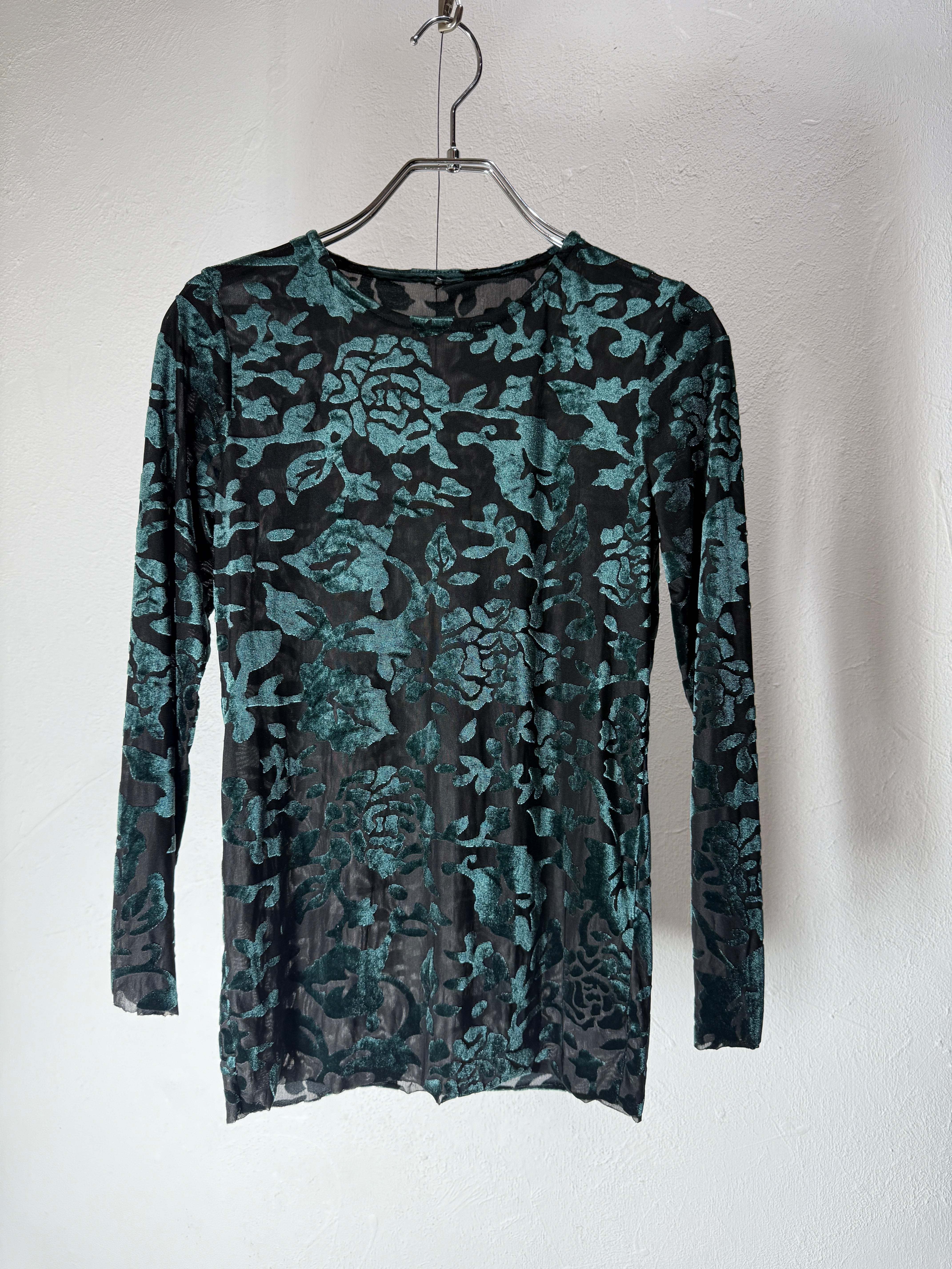 90s Floral Velvet Sheer Stretch Top