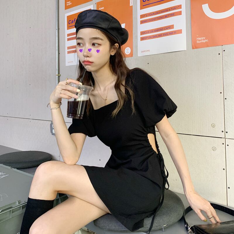 スタイルブラックスリーブドレス サマーウェストスリムショートスカート 夏物 スーパーモール47945020891