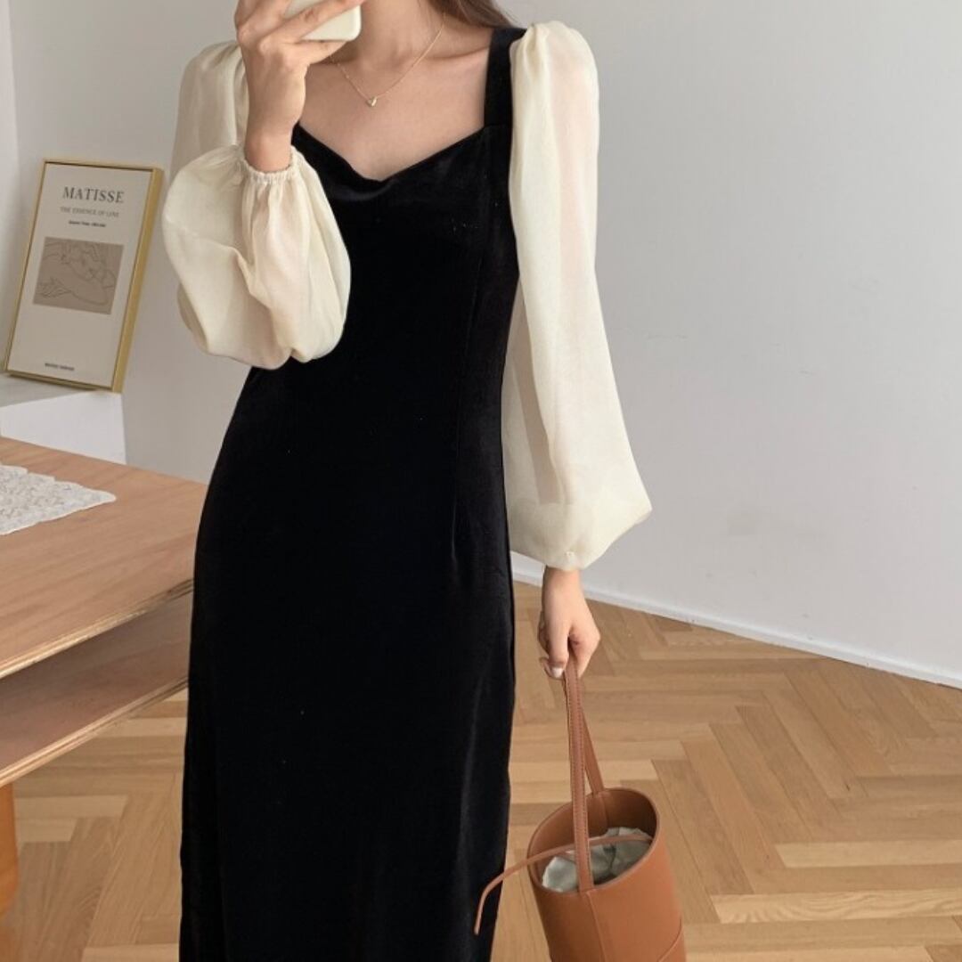 スクエアネック ランタン スリーブ ベルベット ロングドレス 341255