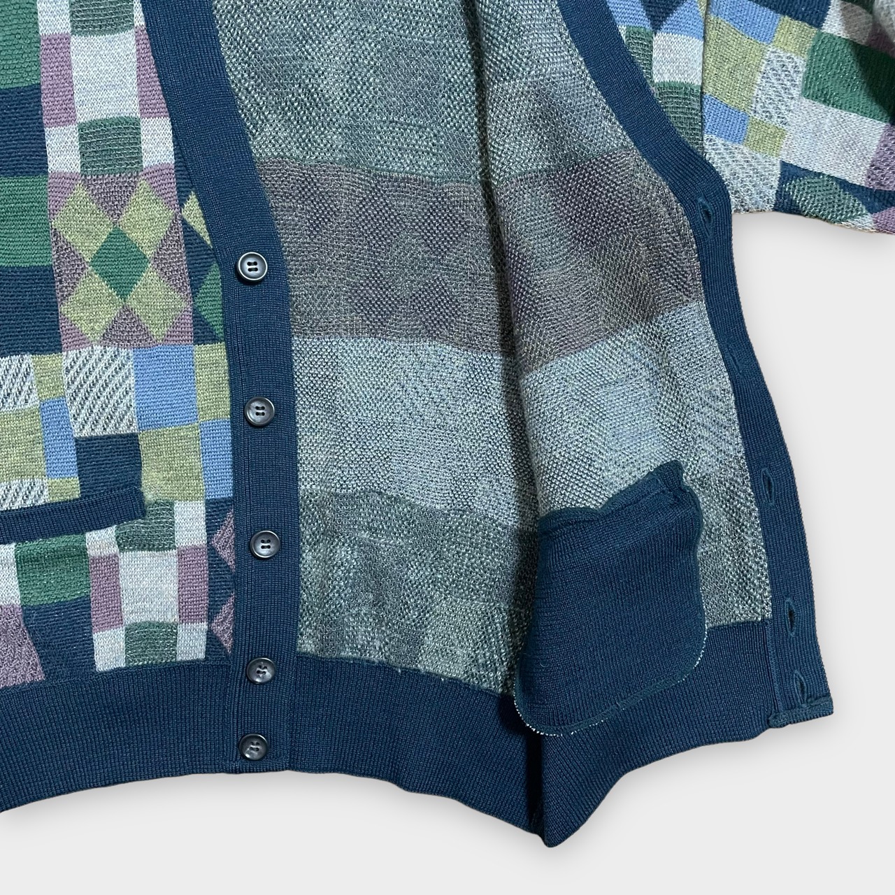 【Aramis Club】日本製 カーディガン 柄物 柄ニット 柄カーディガン L チェック ボックス マルチカラー くすみカラー ウール レトロ 古着