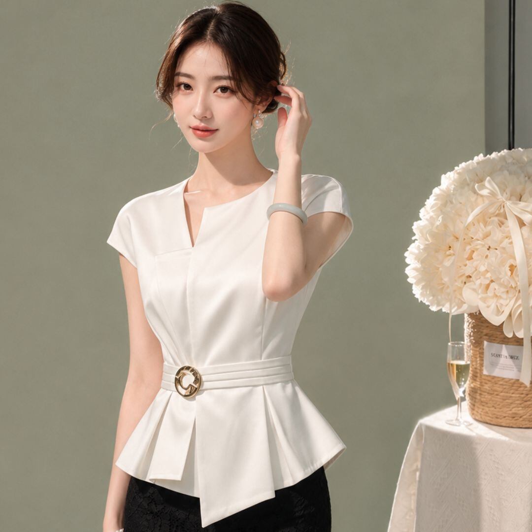 Belted Peplum Design Short Sleeve Blouse V3447