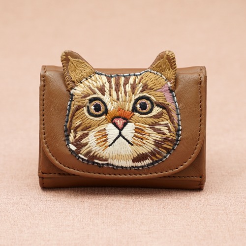ねこミニ財布 brown cat/CAMEL
