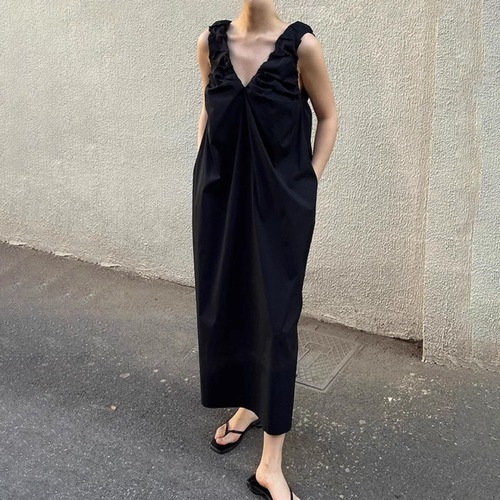 【ギャザーVネックノースリーブフレアマキシワンピース】P01314