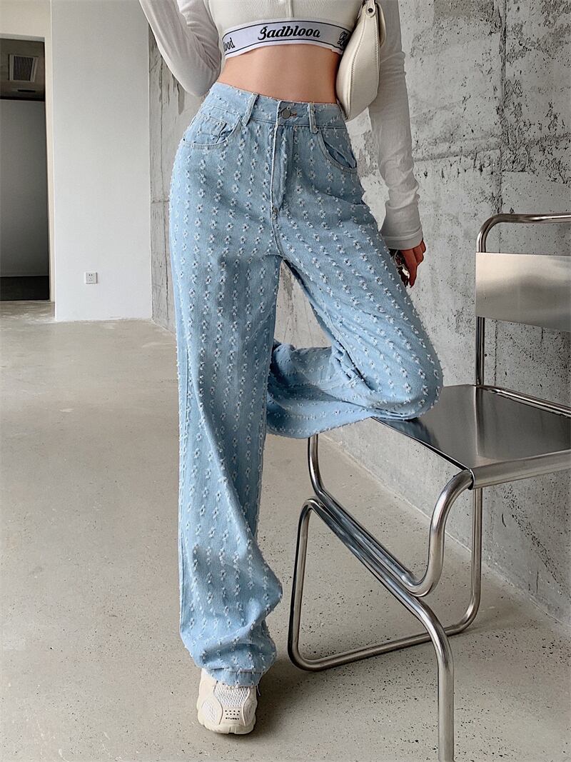 ジーンズ 薄手ハイウェストウェストルーズサマースタイルワイドレッグパンツ 夏物 ワイドパンツ ブラックストロベリース84845875193