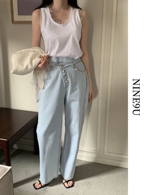 asymmetry rhinestone wide-leg denim-pants【NINE7790】