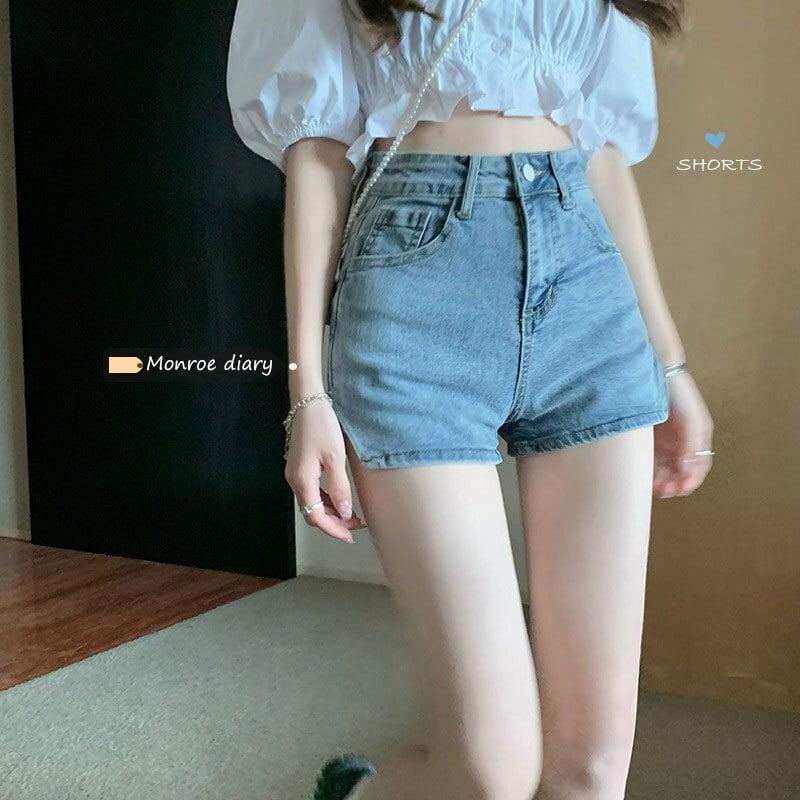 デニムショートパンツ ショートパンツ ホットパンツ ボトム ハイウエスト 無地 シンプル カジュアル レトロ 韓国ファッション 3color S L Luluca 韓国トレンドファッションluluca ルルカ
