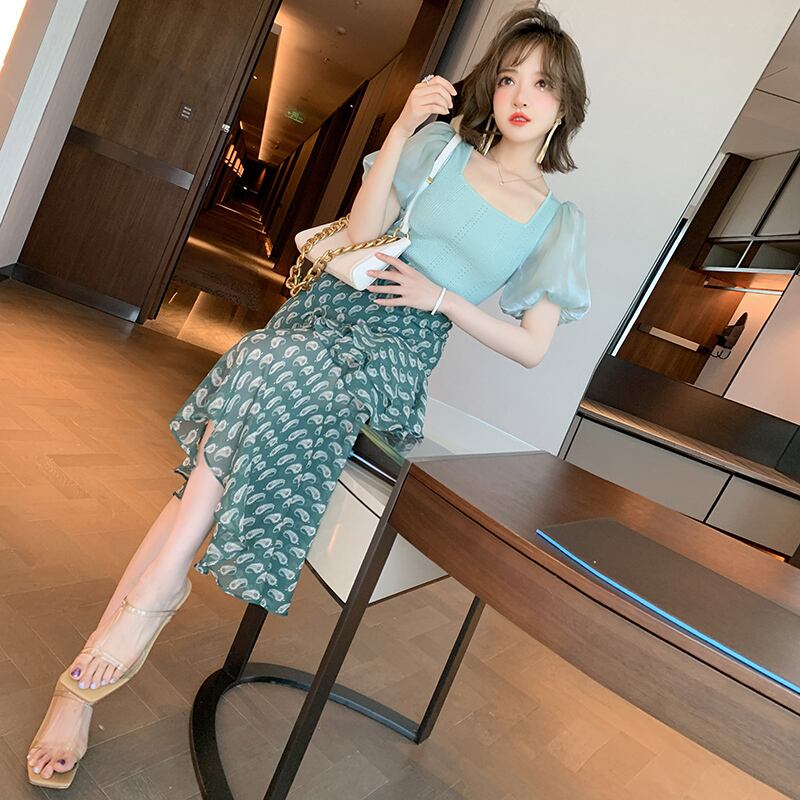 スリーブトップス ラッフルプリントスカート セット サマー ランタンスリーブ 夏物 MIUCO96497587856