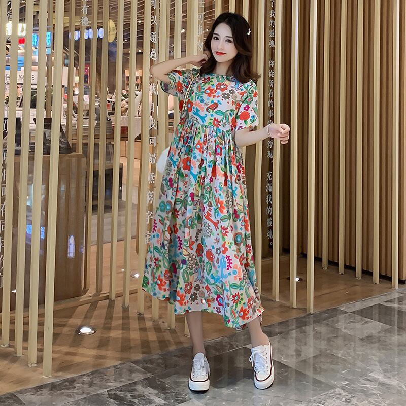 【新作】【送料無料】 マタニティウェア2020夏の新しい綿とリネンの花のルーズドレス コットン サマー 夏物 フラワーデザイン expec284474331369