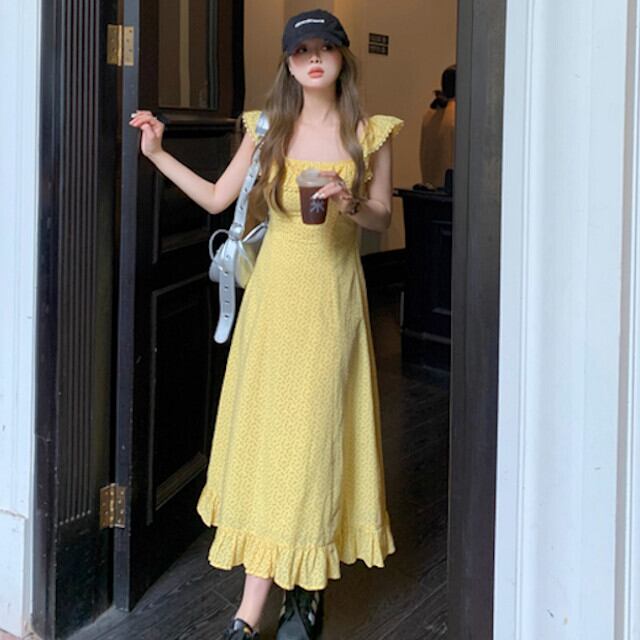 ワンピース レディース ロングワンピ ロング丈 フライングスリーブ かわいい 小花柄 フリル フラワー 袖あり 春夏 旅行 リゾート お出かけ デート イエロー S/M/L