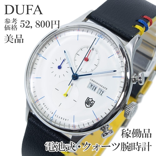稼働品 新品電池 送料無料 ドゥッファ 腕時計 クォーツ メンズ エレメンツシリーズ 白 黒 黄色 クロノグラフ 多針 バウハウス 綺麗 Q360
