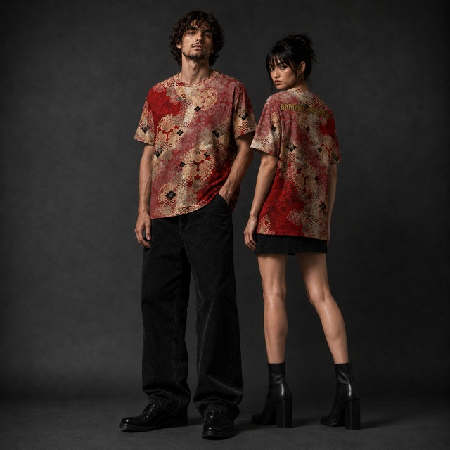 和紋様装飾　紅桃　和柄230GヘビーウェイトコットンTシャツ