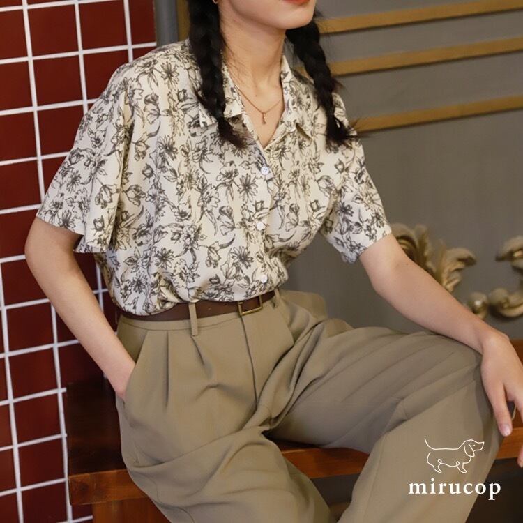 柄シャツ 半袖 レトロ レディース 花柄 シフォン生地 A1074 Mirucop ミルコップ 柄シャツ レトロ ヴィンテージ