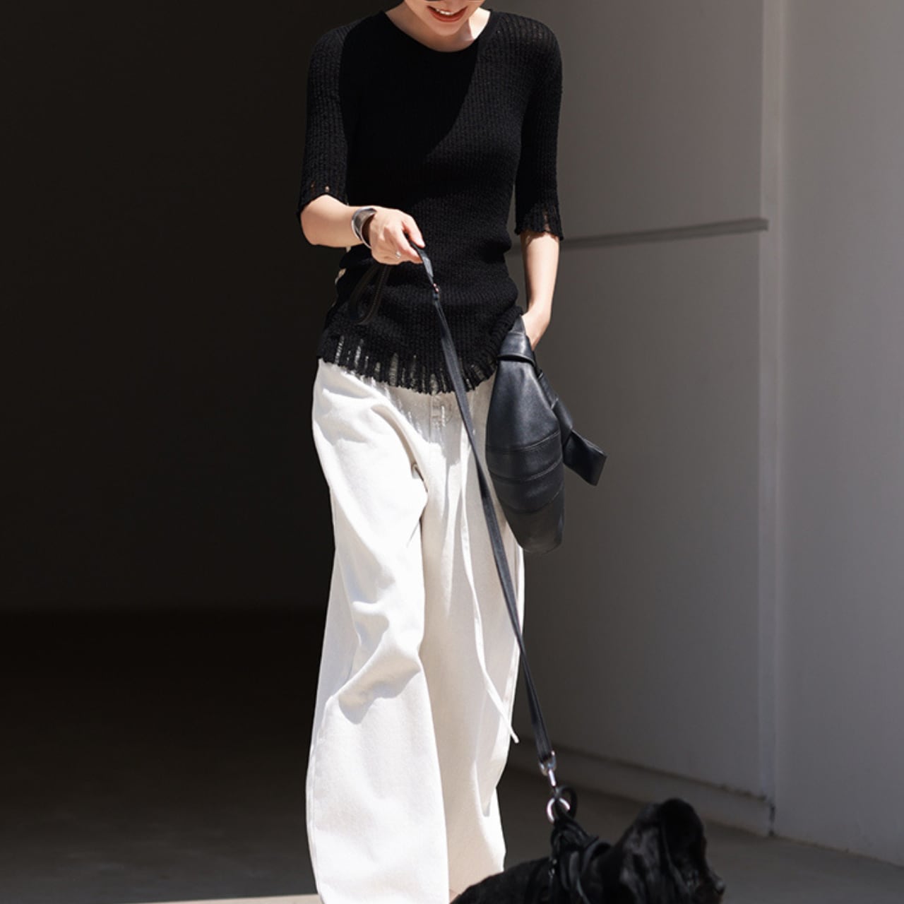 サイドスリットニットトップス&ワイドパンツセット m0117