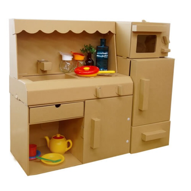 ままごとダンボールキッチン 冷蔵庫 レンジ3点セット茶　【0140-024】